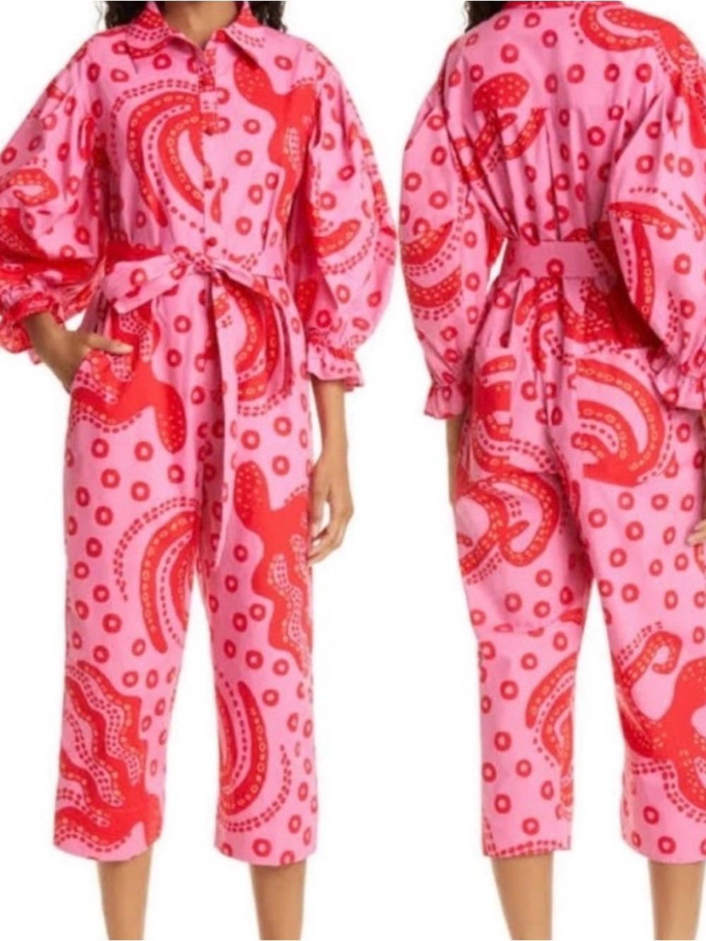 FARM Rio Pink and Red Octopus Capri puff Sleeve Jumpsuit No Belt. Size M